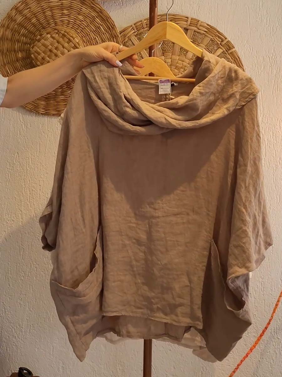 Camiseta de Mujer con Cuello Drapé Sólido de Manga 3/4 Cómoda de Lino con Bolsillos