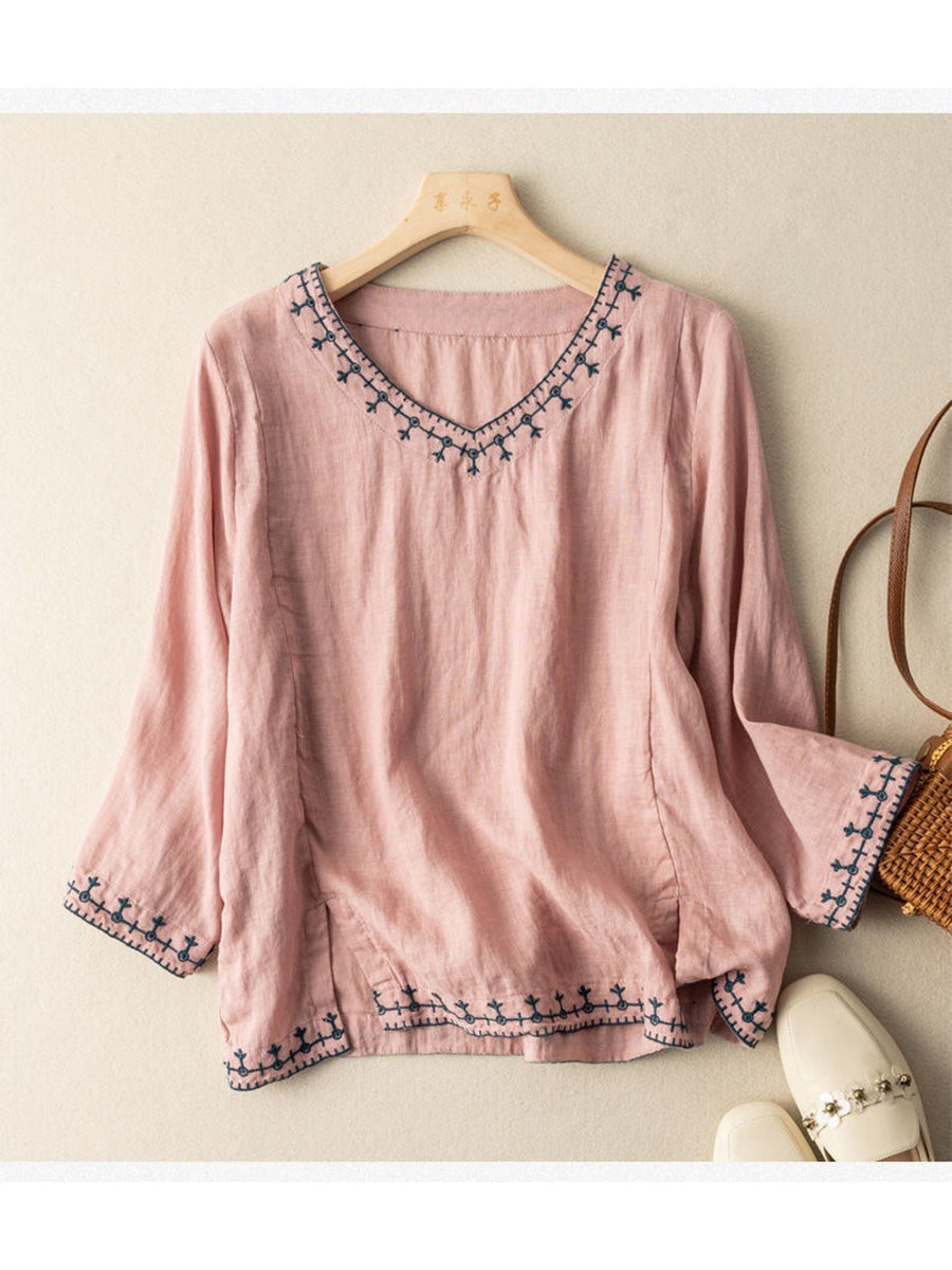 Camisa bordada de algodón y lino casual para mujeres