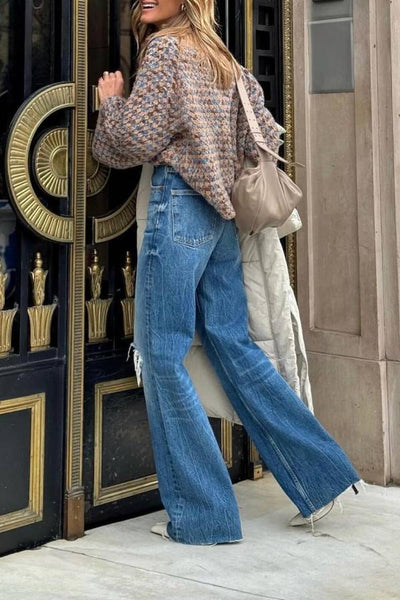 Suéter de cuello alto mujer marrón azul - Estilo retro cálido y elegante