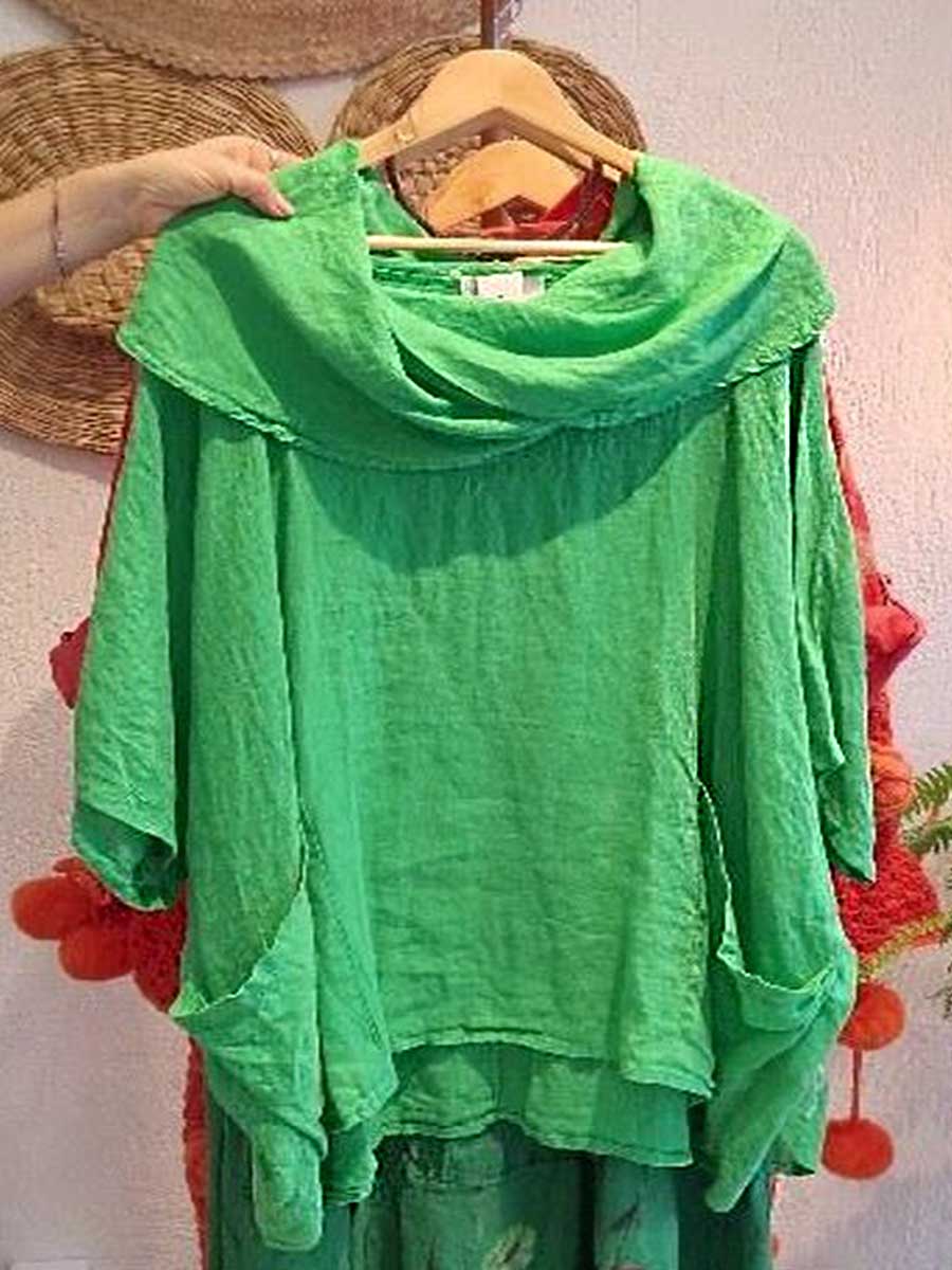 Camiseta de Mujer con Cuello Drapé Sólido de Manga 3/4 Cómoda de Lino con Bolsillos