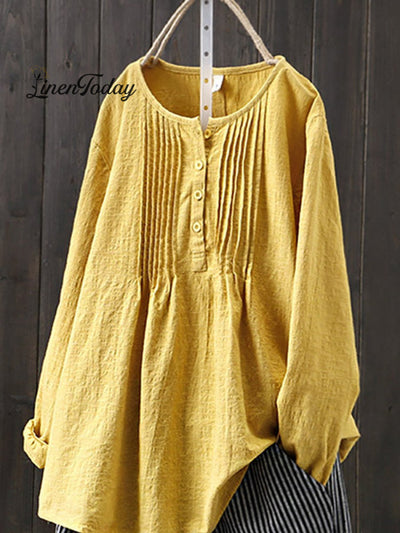 Camisa casual de algodón y lino retro para mujeres