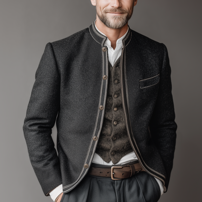 Chaqueta Hombre Retro Bordada con Cuello Alto - Estilo Clásico y Moderno