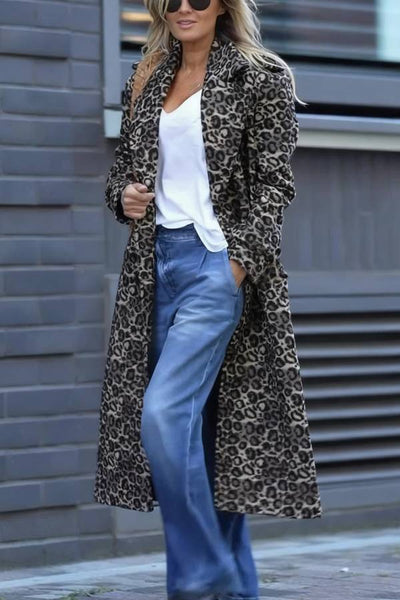 Abrigo Leopardo Elegante Mujer – Trench Largo con Hombreras y Bolsillos