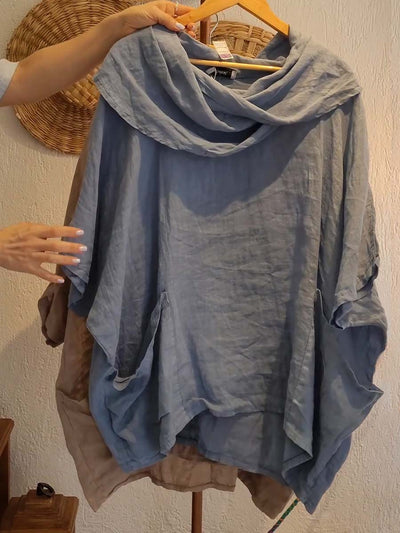Camiseta de Mujer con Cuello Drapé Sólido de Manga 3/4 Cómoda de Lino con Bolsillos