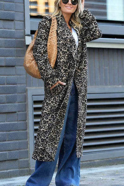 Abrigo Leopardo Elegante Mujer – Trench Largo con Hombreras y Bolsillos