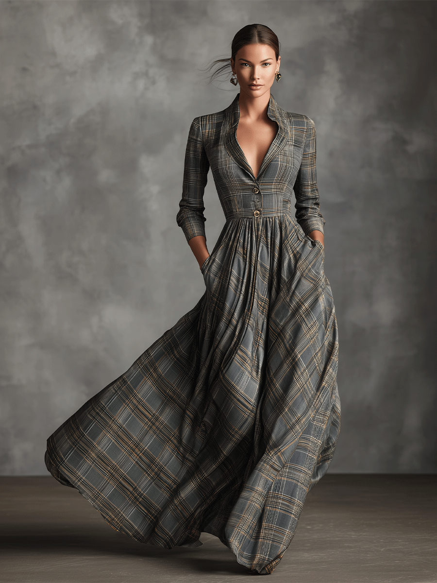 Vestido largo tartán gris elegante
