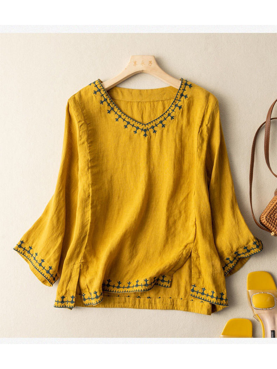 Camisa bordada de algodón y lino casual para mujeres