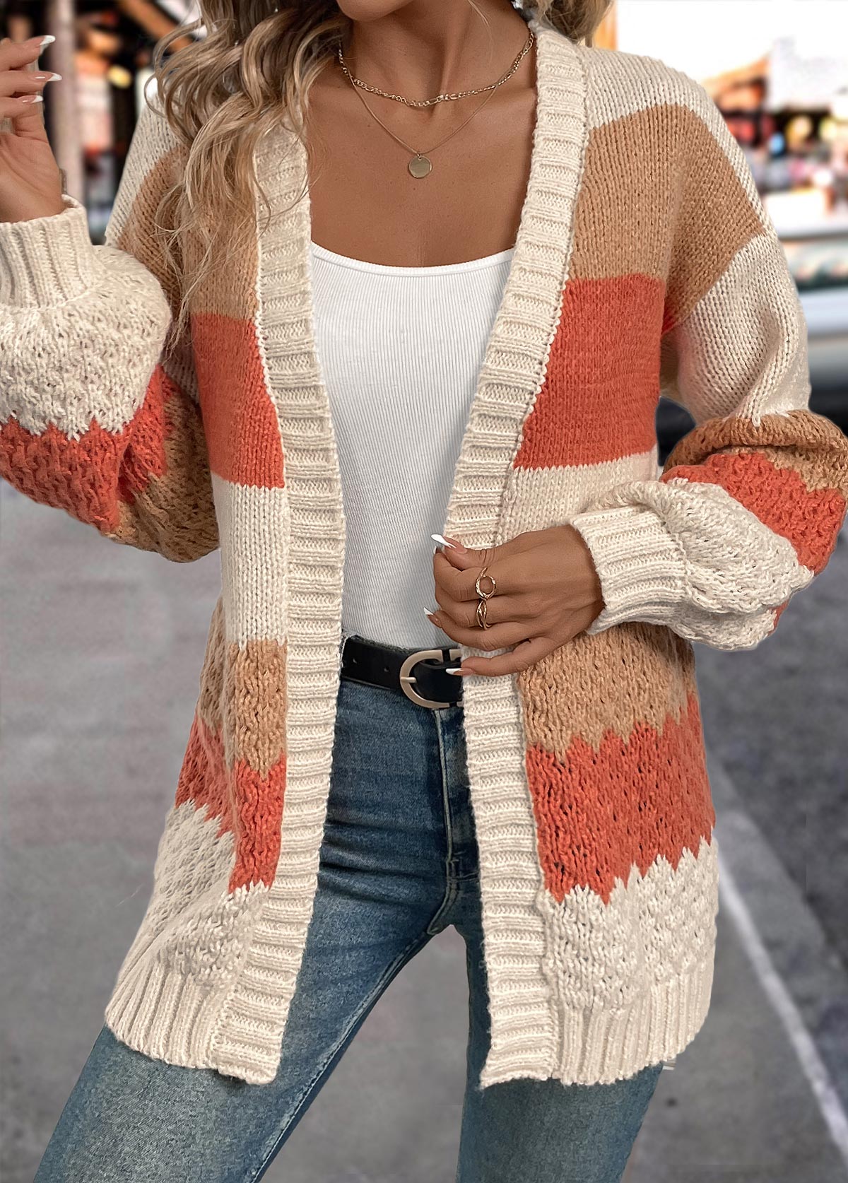 Cardigan Patchwork Naranja Mujer – Estilo Casual y Confort Cálido