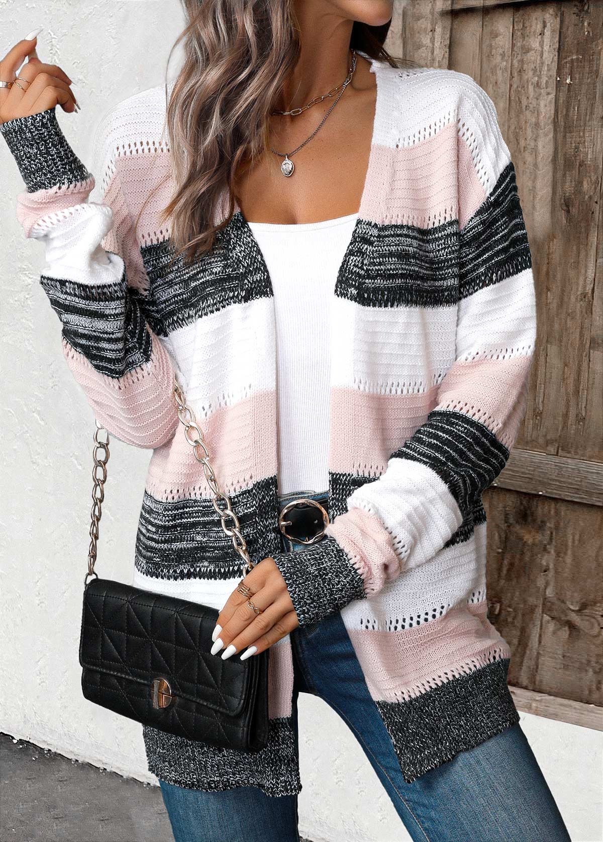 Cardigan de rayas patchwork mujer negro – Confort y estilo casual