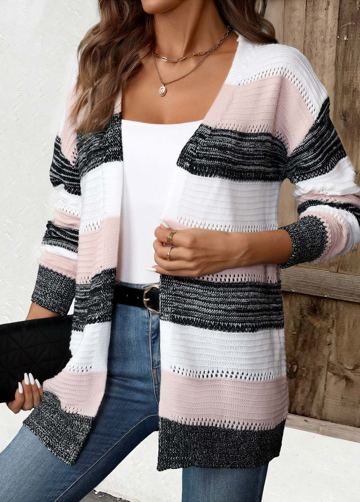 Cardigan de rayas patchwork mujer negro – Confort y estilo casual