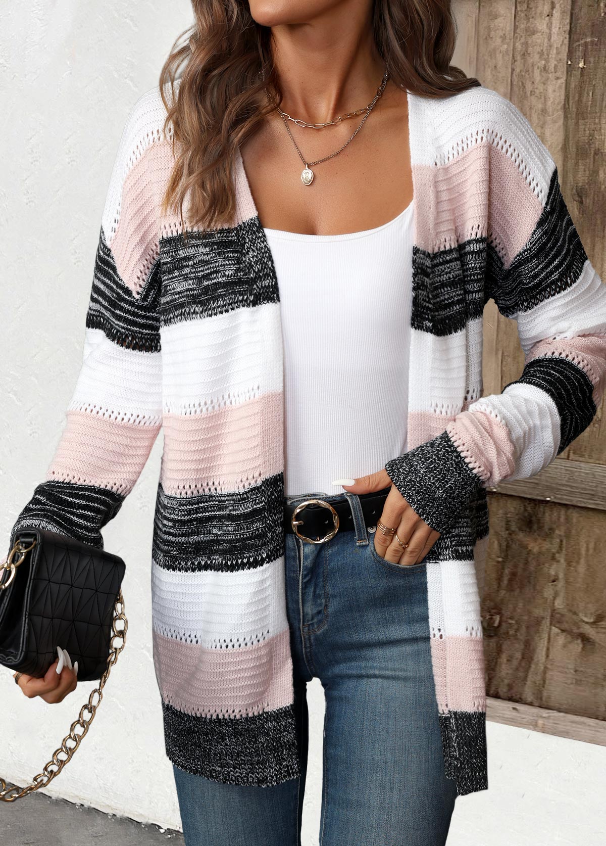 Cardigan de rayas patchwork mujer negro – Confort y estilo casual