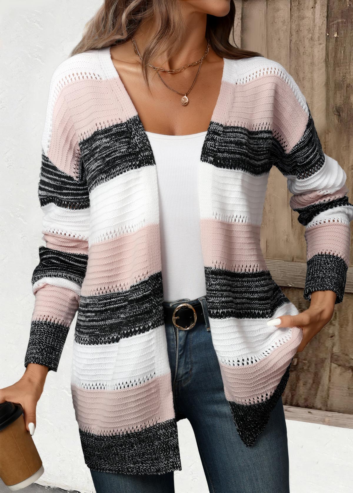 Cardigan de rayas patchwork mujer negro – Confort y estilo casual