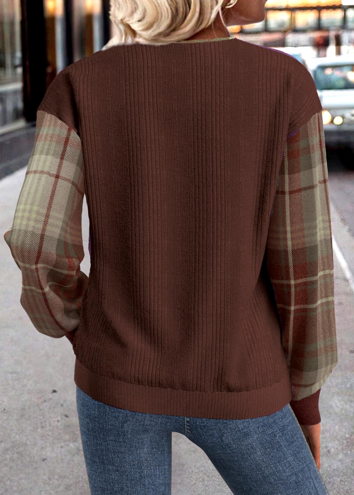 Sudadera de manga larga con cuello en V a cuadros verdes