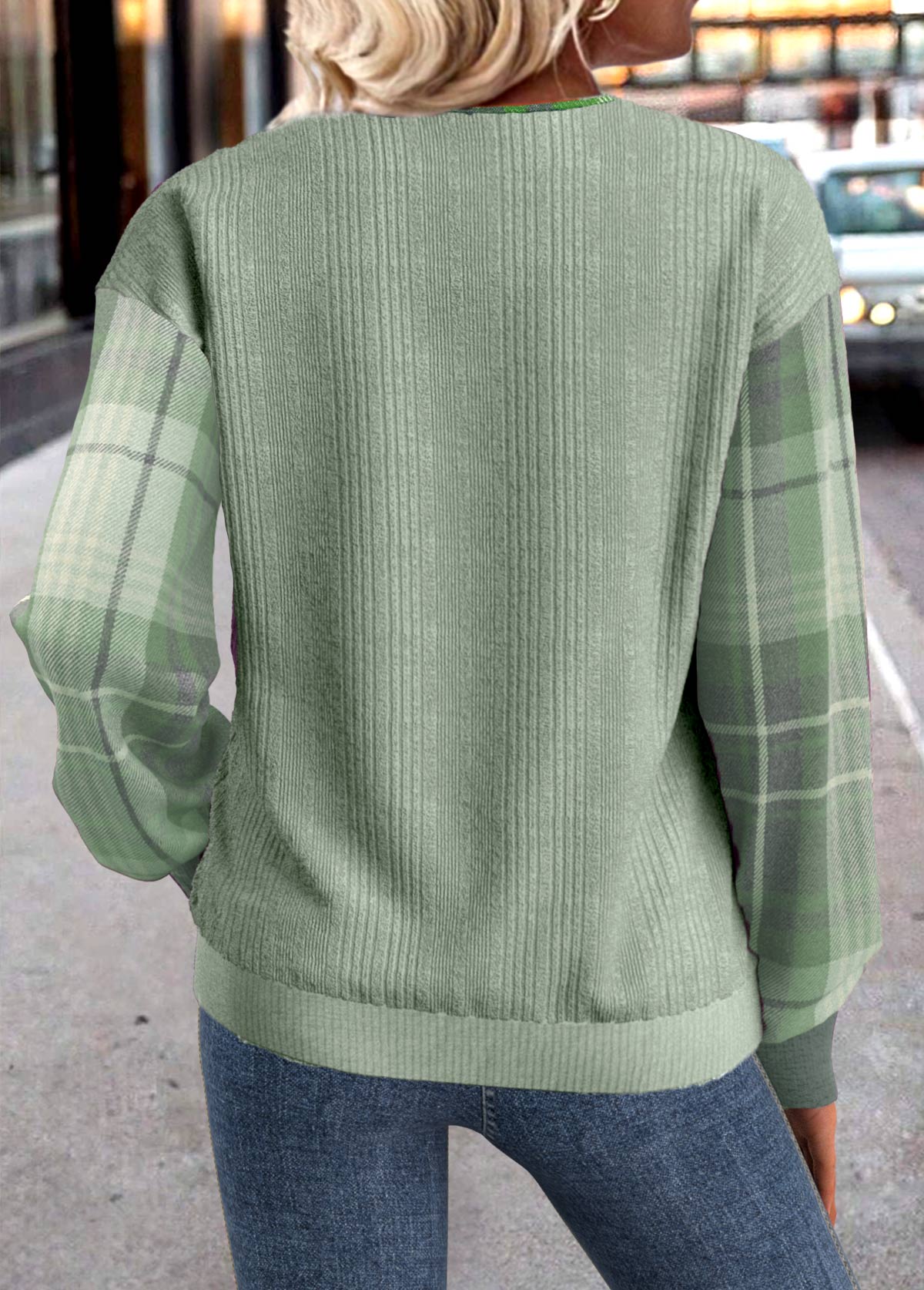 Sudadera de manga larga con cuello en V a cuadros verdes