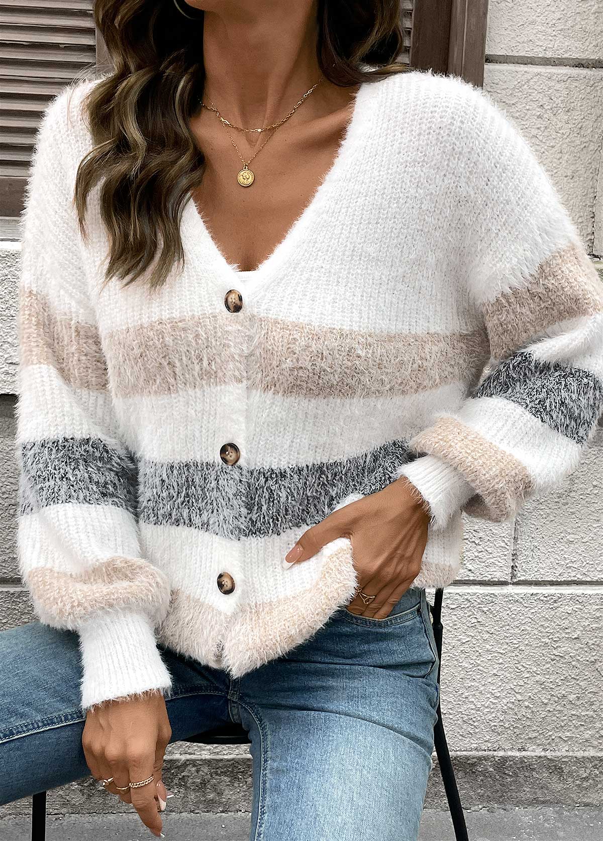 Cardigan blanco rayado mujer – Confort suave y estilo moderno