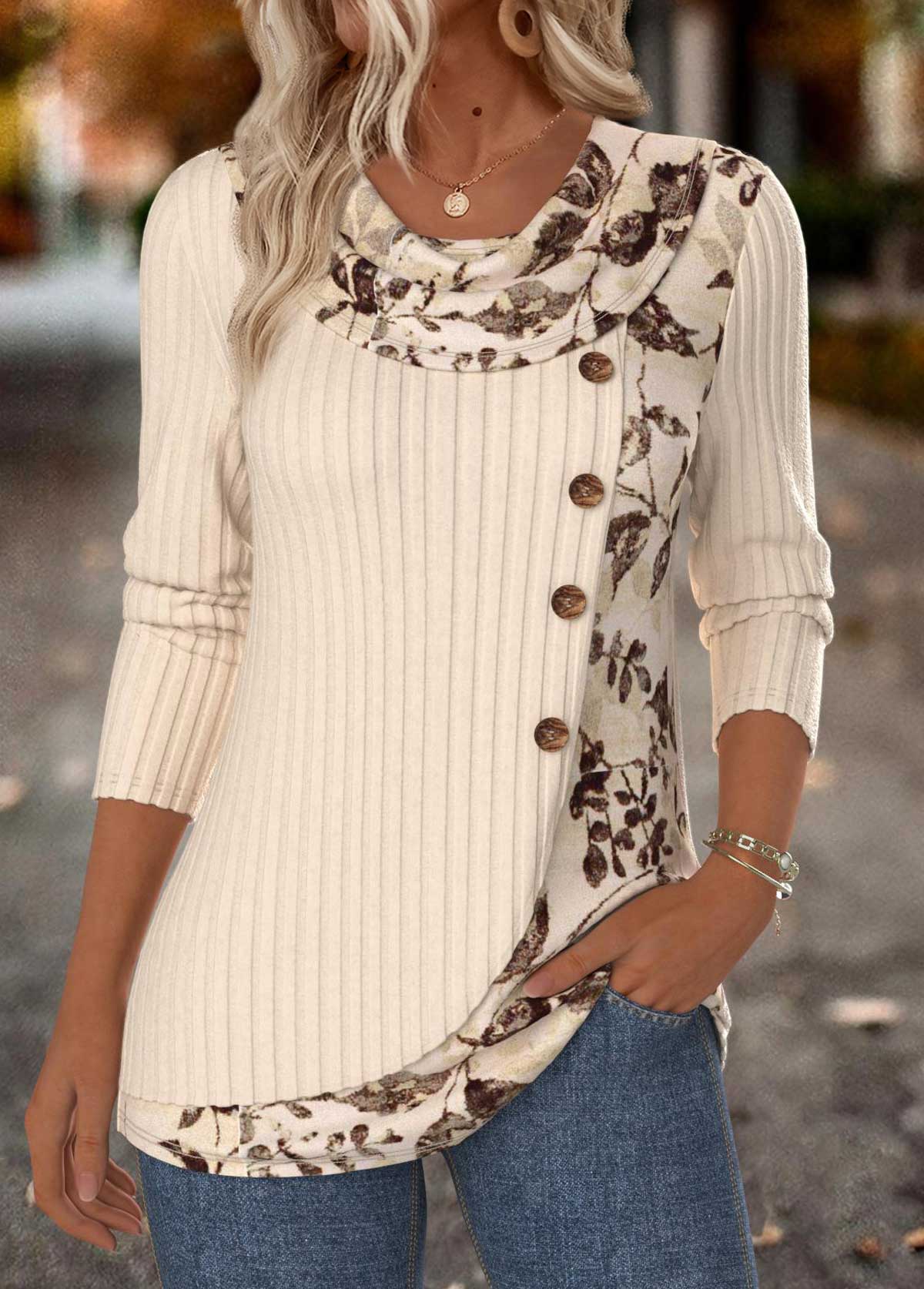 Túnica Beige con Estampado Floral – Elegancia Casual Diaria