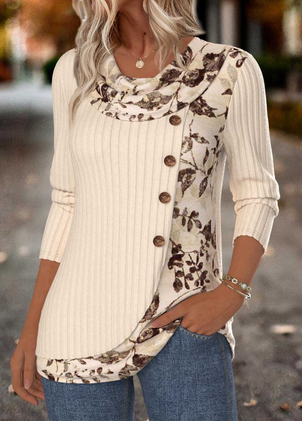 Túnica Beige con Estampado Floral – Elegancia Casual Diaria