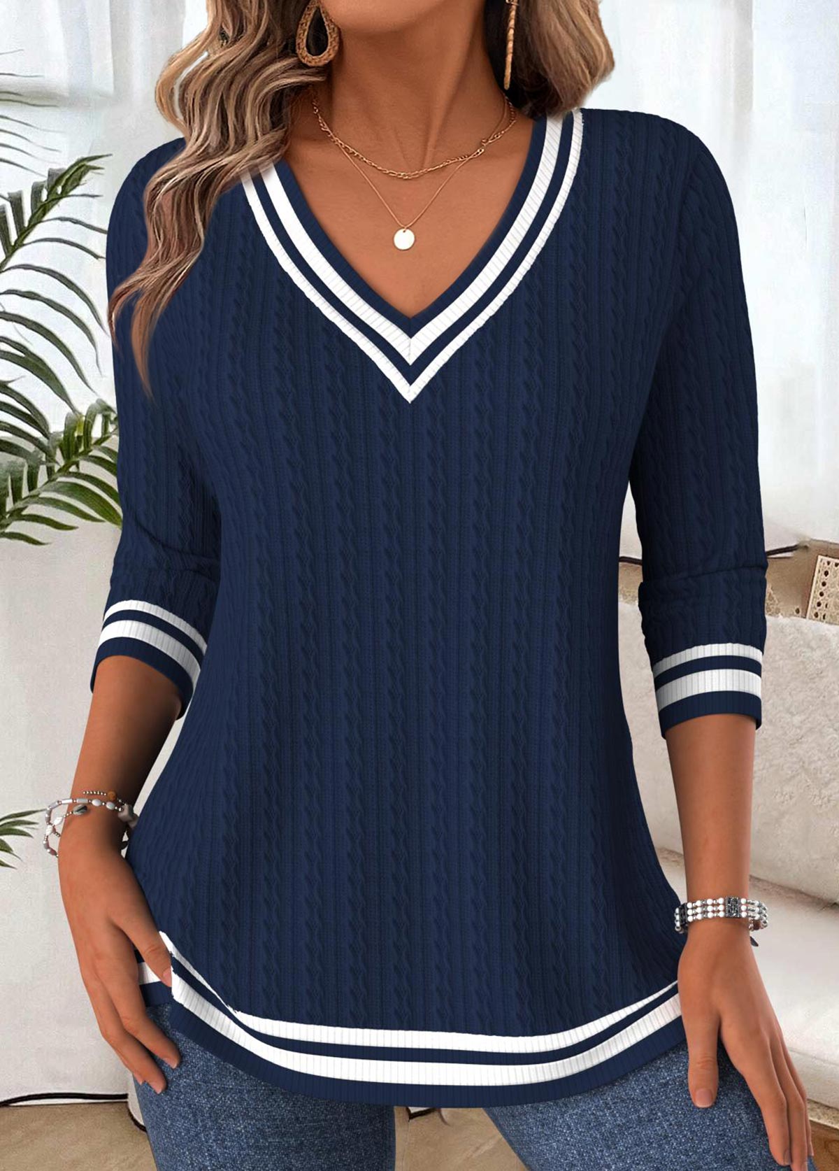 Túnica Elegante Mujer Cuello V – Manga Larga Navy