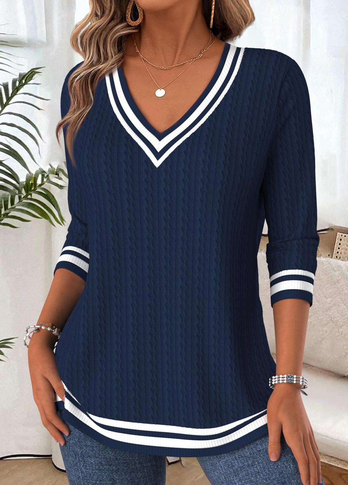 Túnica Elegante Mujer Cuello V – Manga Larga Navy