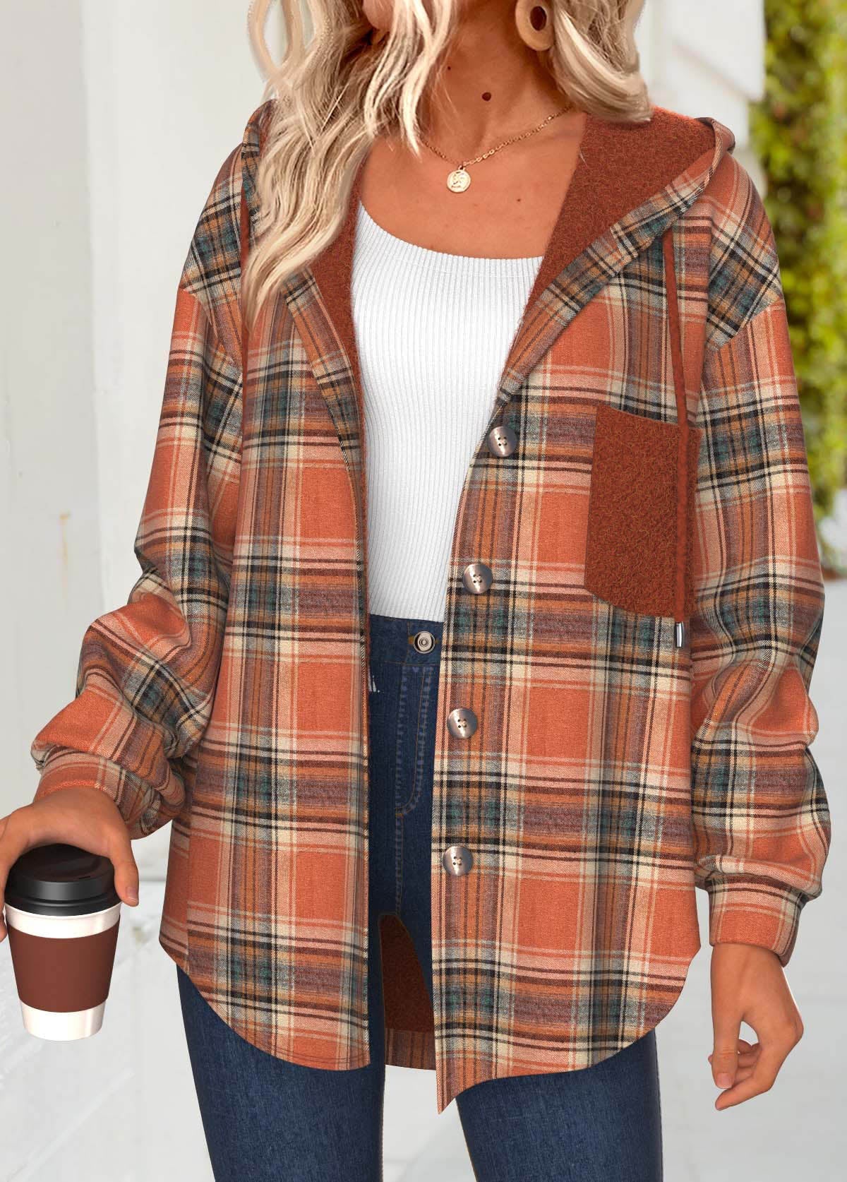 Chaqueta con capucha de cuadros terracota – Comodidad casual para el día a día