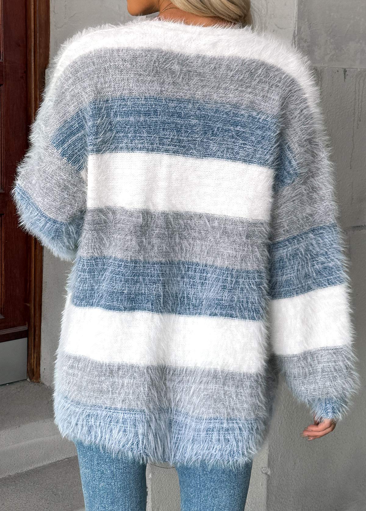 Cardigan azul polvoriento mujer – estilo suave y cobertura del vientre
