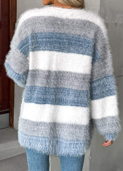 Cardigan azul polvoriento mujer – estilo suave y cobertura del vientre