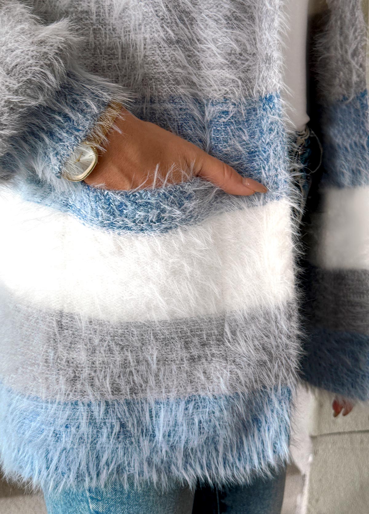 Cardigan azul polvoriento mujer – estilo suave y cobertura del vientre