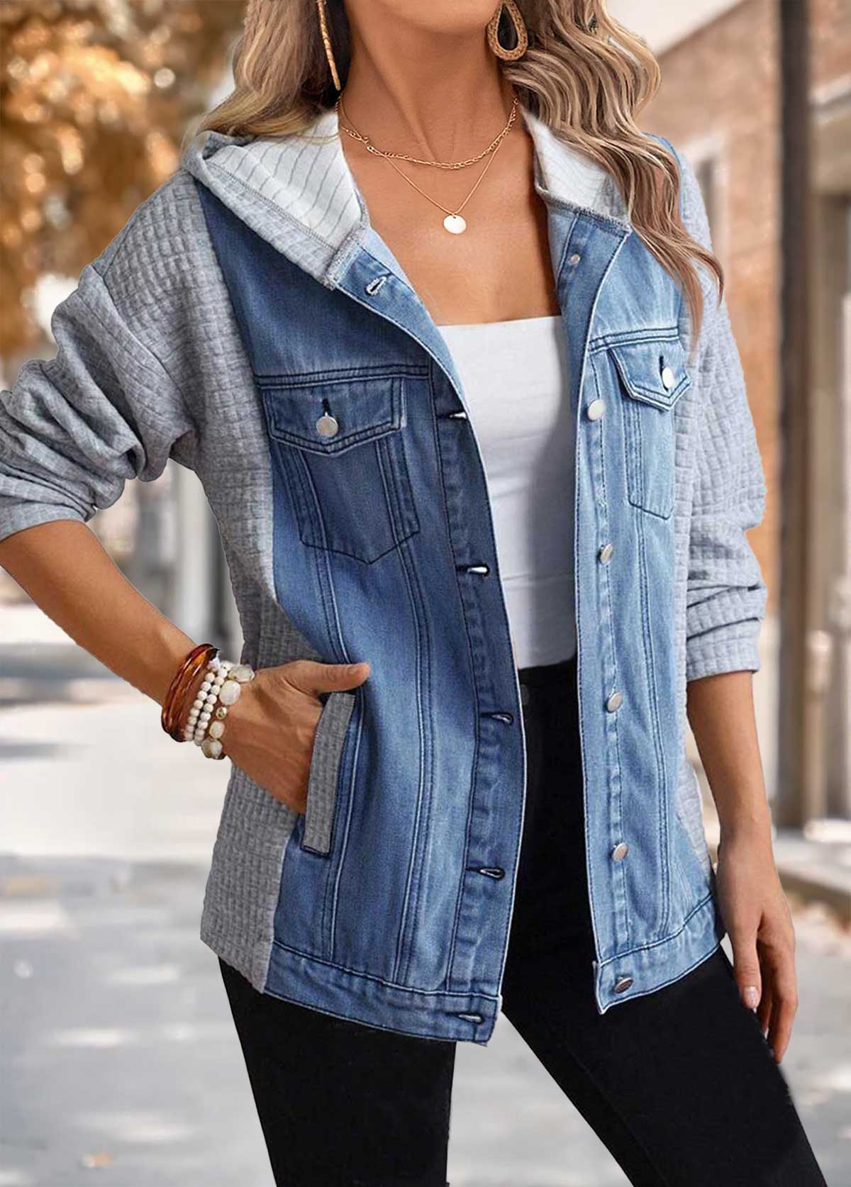 Abrigo con capucha de denim azul de manga larga