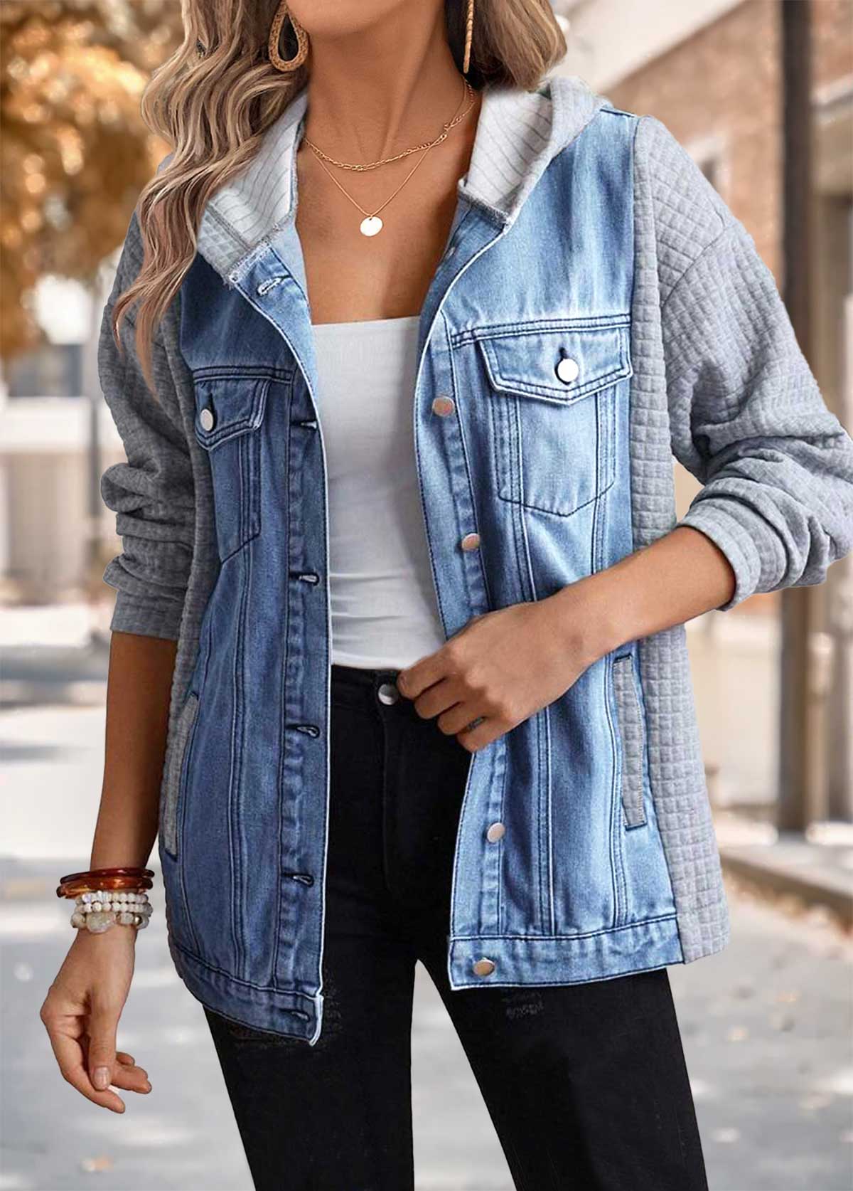 Abrigo con capucha de denim azul de manga larga