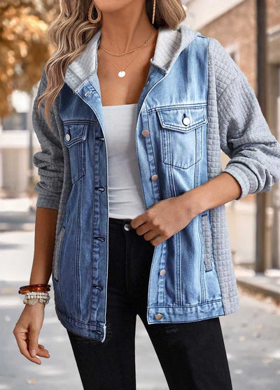 Abrigo con capucha de denim azul de manga larga