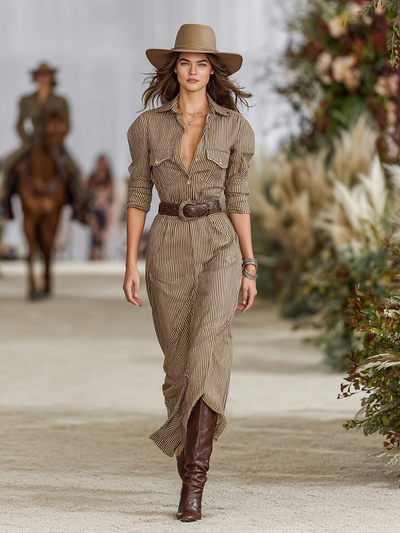 Vestido largo a rayas con cuello solapa
