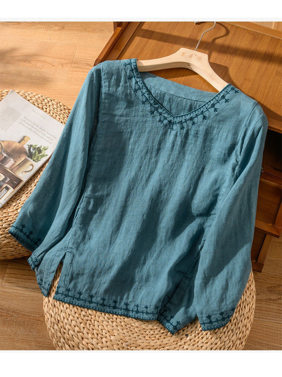 Camisa bordada de algodón y lino casual para mujeres