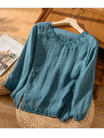 Camisa bordada de algodón y lino casual para mujeres