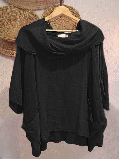 Camiseta de Mujer con Cuello Drapé Sólido de Manga 3/4 Cómoda de Lino con Bolsillos