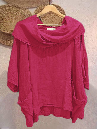 Camiseta de Mujer con Cuello Drapé Sólido de Manga 3/4 Cómoda de Lino con Bolsillos