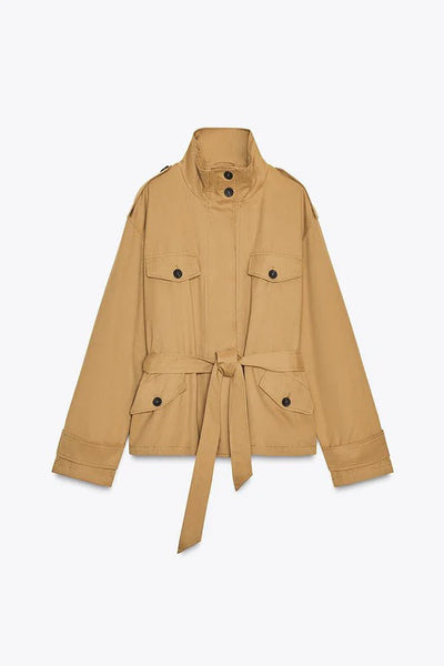 Abrigo Corto de Mujer Chic con Hombreras y Cinturón - Trench Elegante