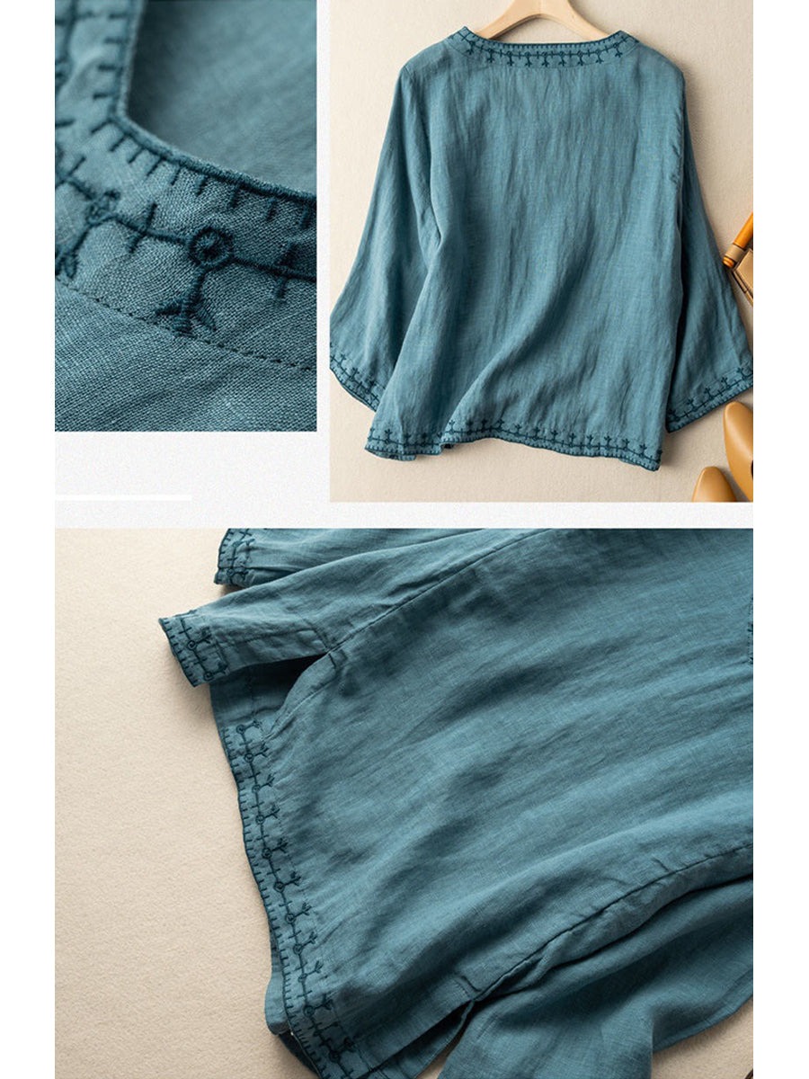 Camisa bordada de algodón y lino casual para mujeres