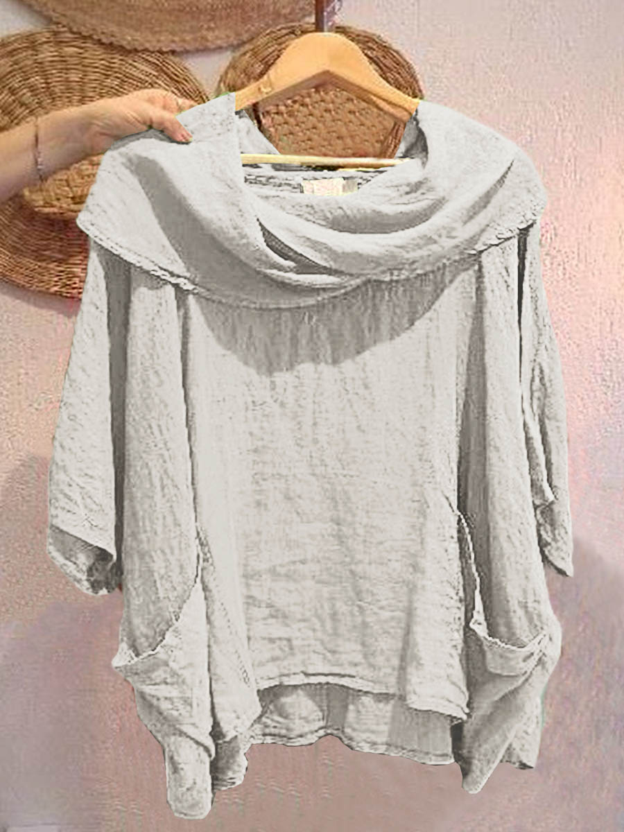 Camiseta de Mujer con Cuello Drapé Sólido de Manga 3/4 Cómoda de Lino con Bolsillos