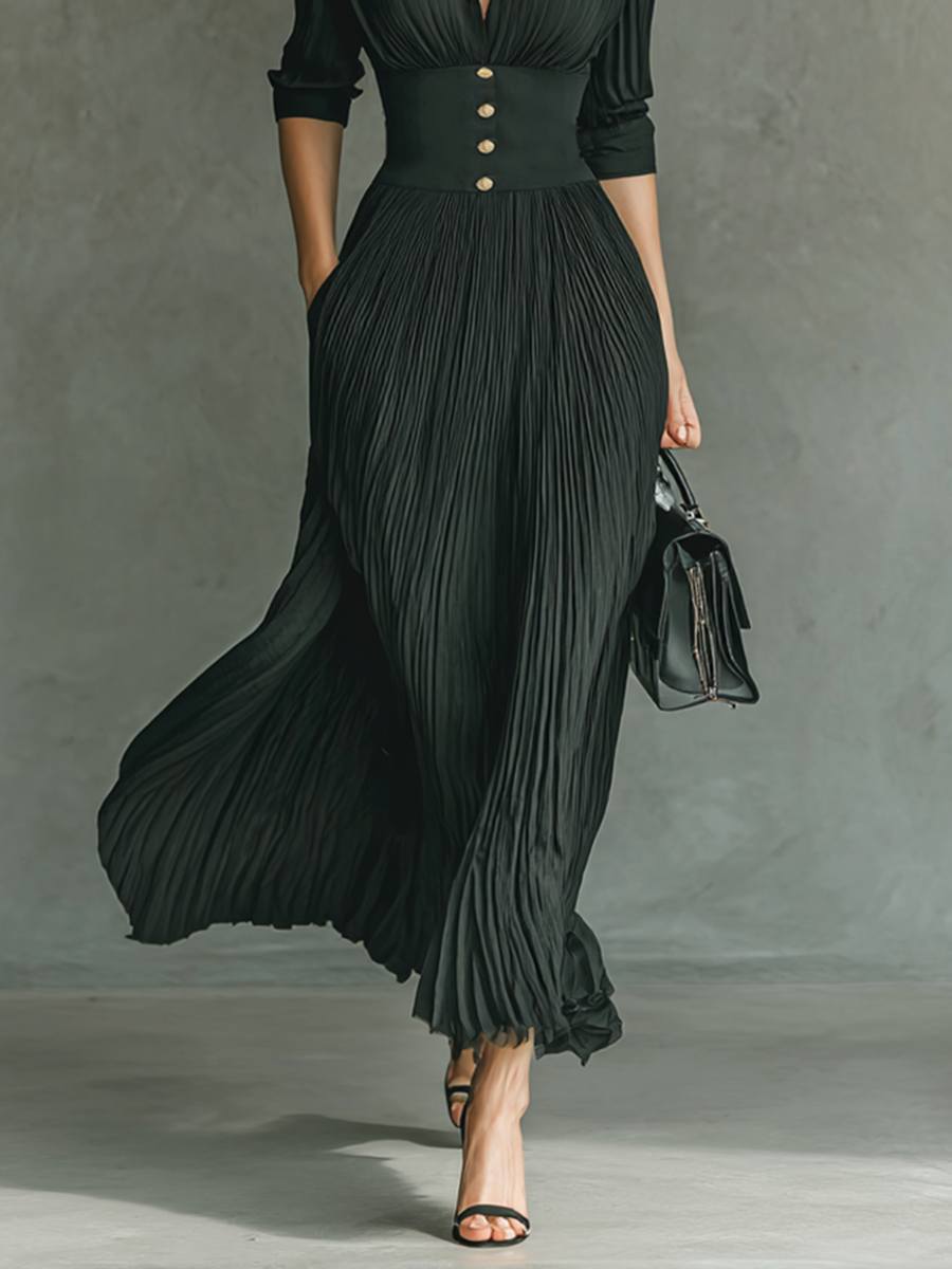Vestido largo plisado con cinturón