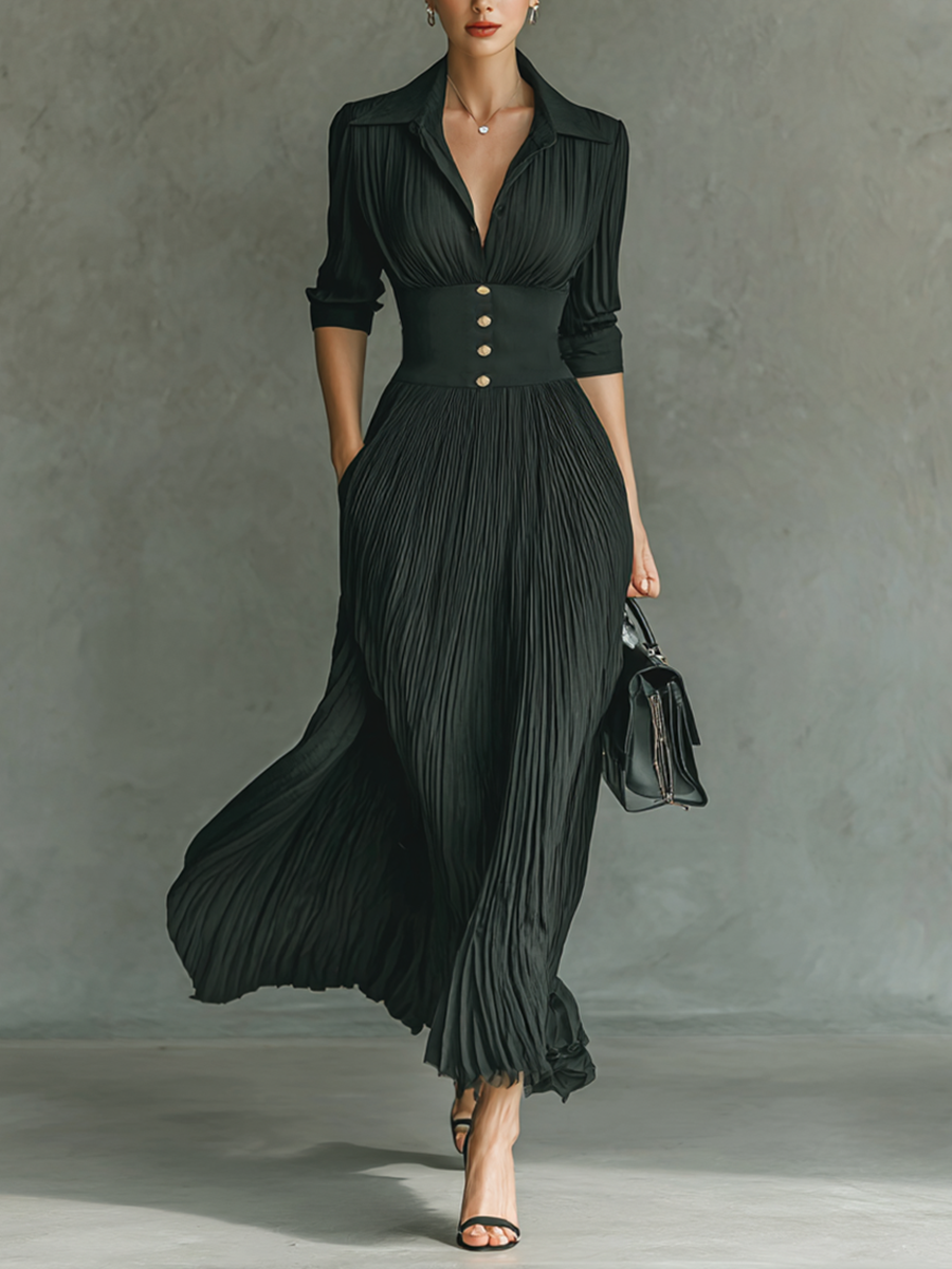 Vestido largo plisado con cinturón