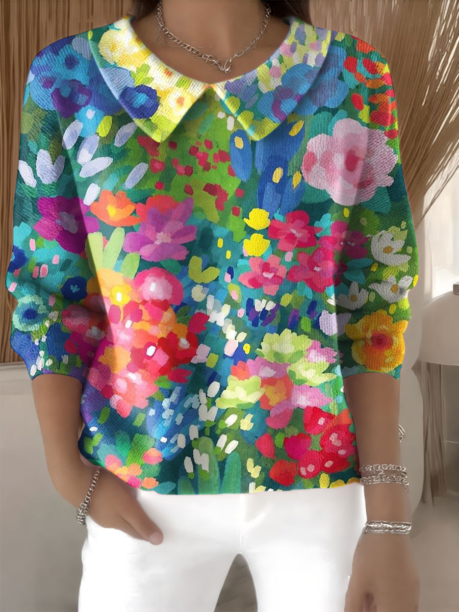 Suéter casual de flores para mujeres con cuello Peter Pan y mangas
