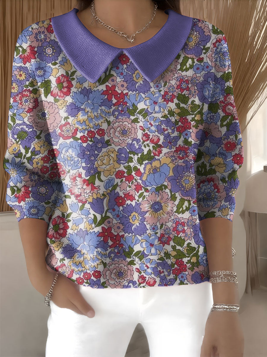 Suéter casual con flores para mujeres con cuello Peter Pan y mangas