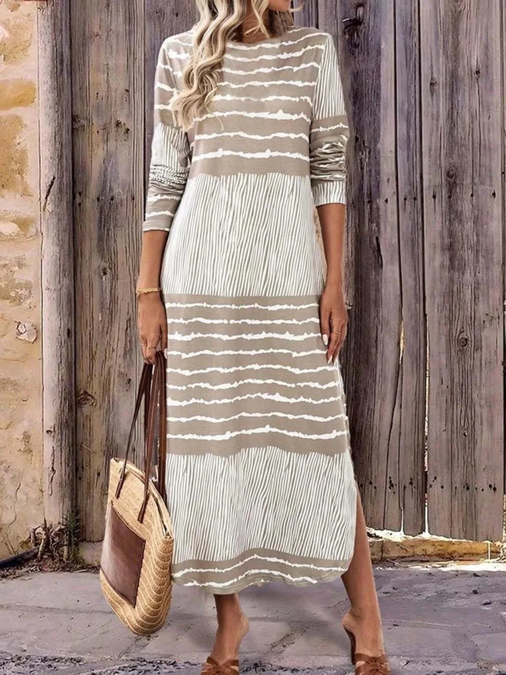 Vestido rayado mujer mangas largas cuello redondo - Primavera otoño