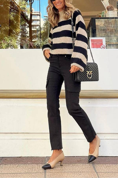 Suéter rayado negro y blanco mujer – Cuello alto tejido amplio chic