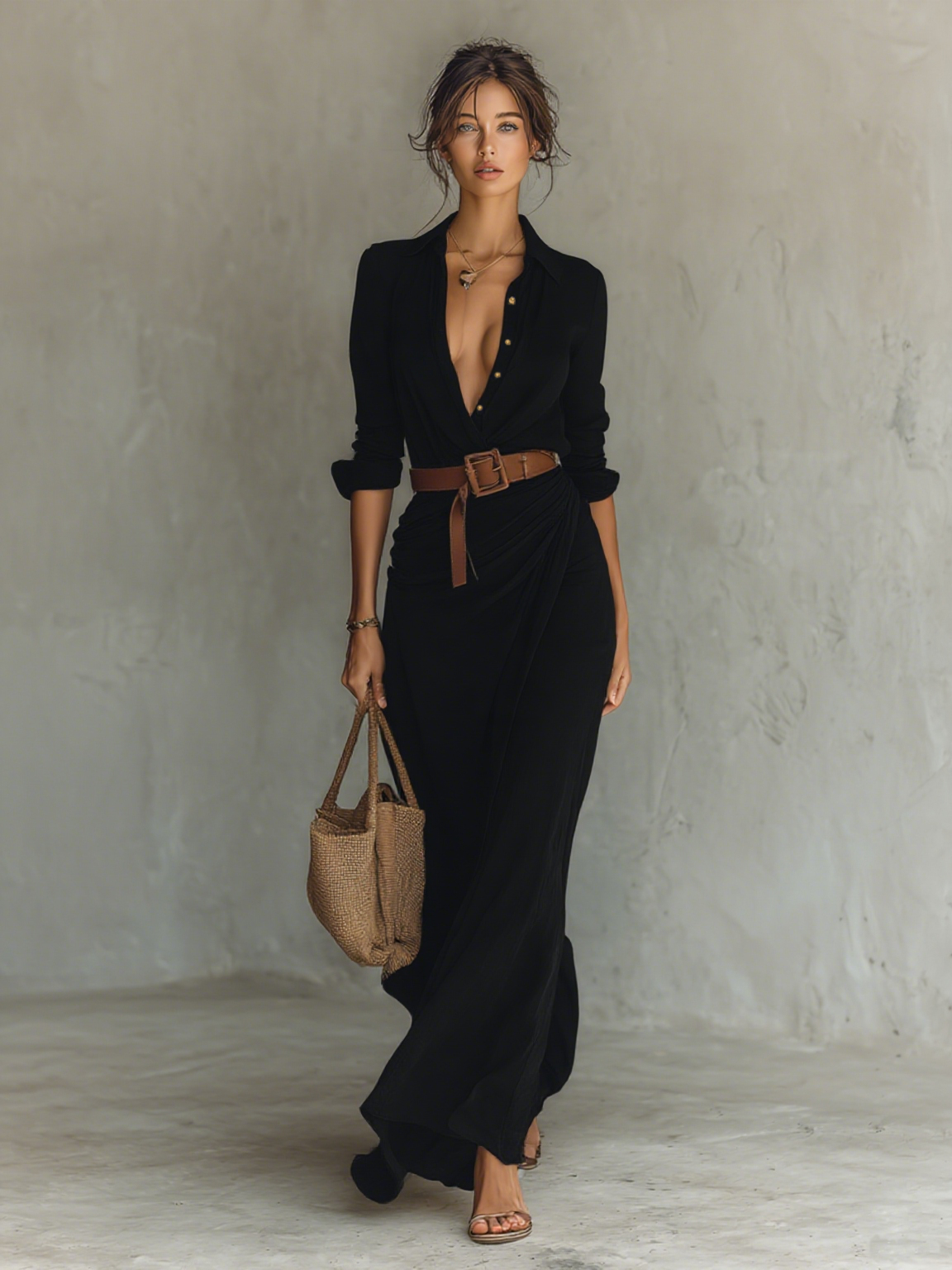 Vestido largo con cinturón elegante