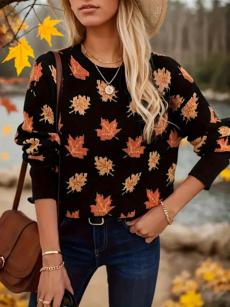 Suéter mujer estampado hojas de arce mangas largas - Moda casual chic