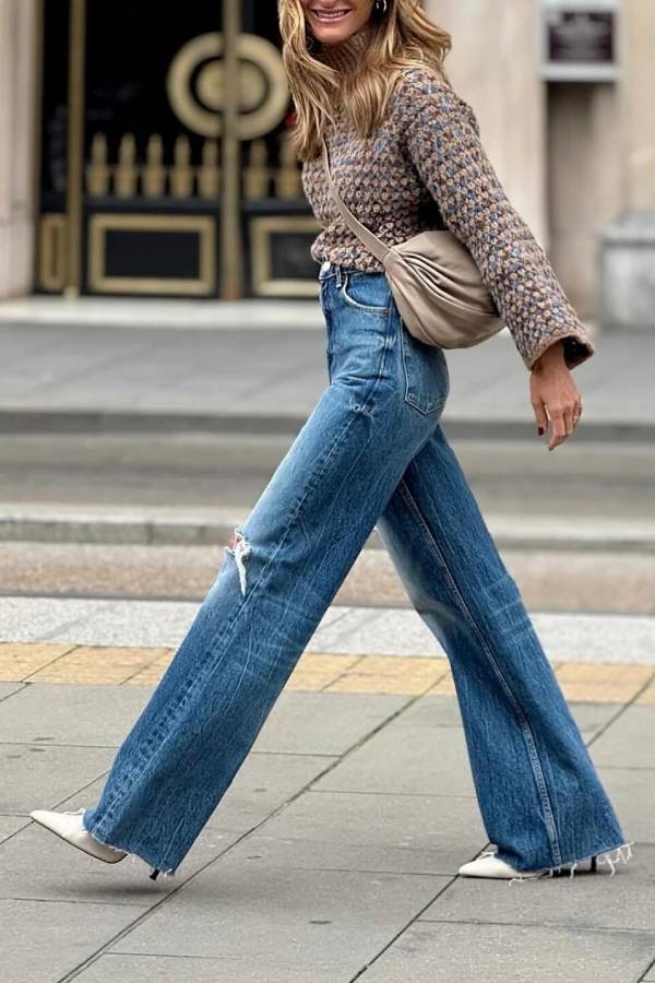 Suéter de cuello alto mujer marrón azul - Estilo retro cálido y elegante