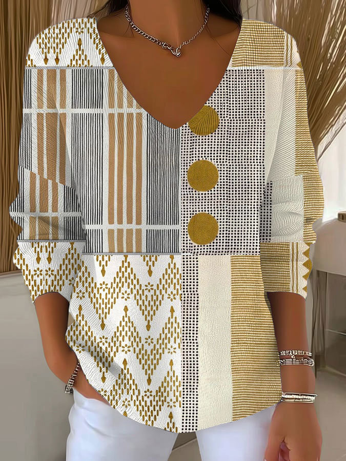 Suéter casual de punto con impresión artística geométrica abstracta para mujeres