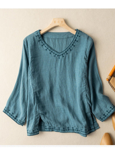 Camisa bordada de algodón y lino casual para mujeres