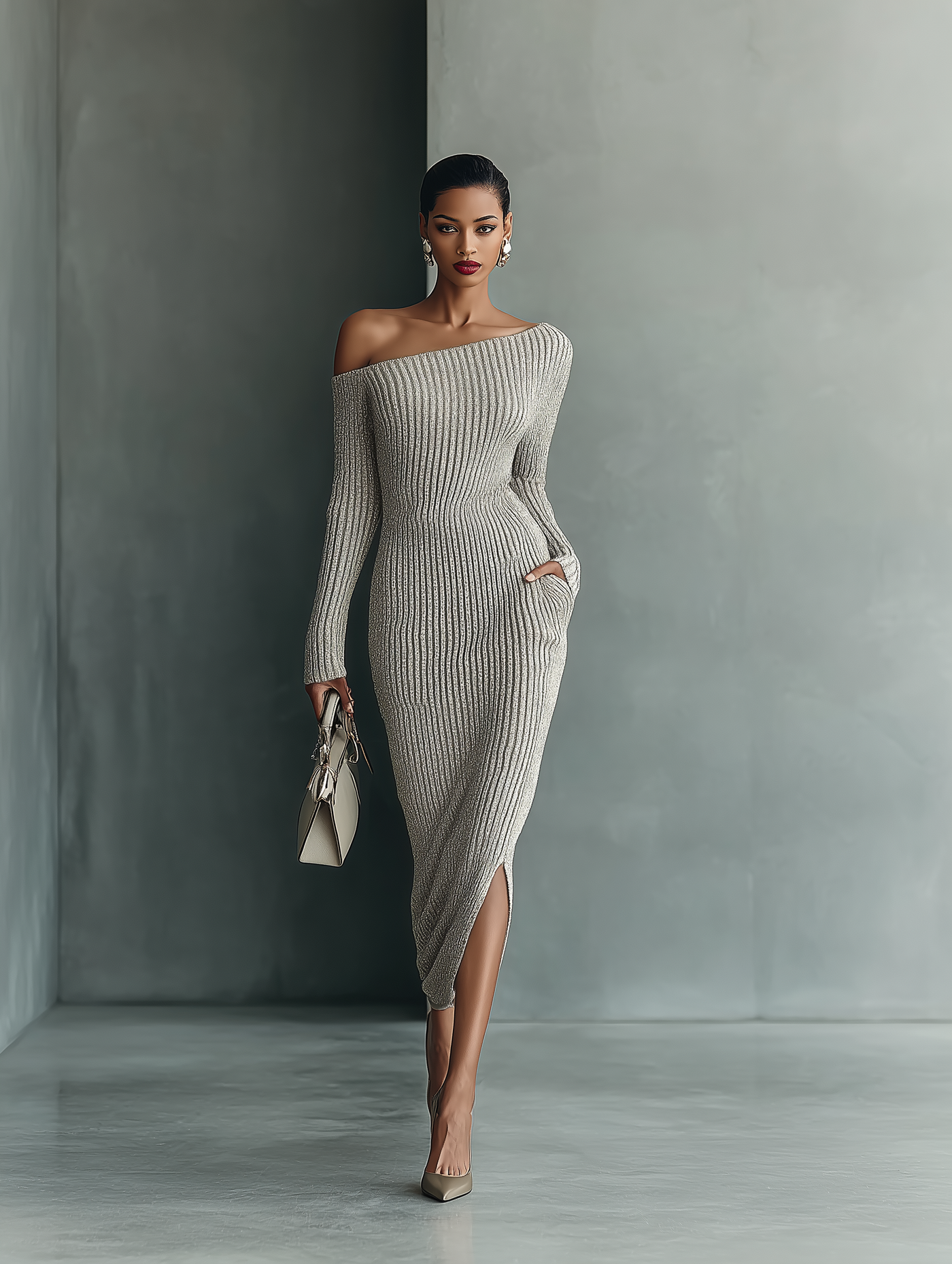 Vestido gris de punto con un solo hombro